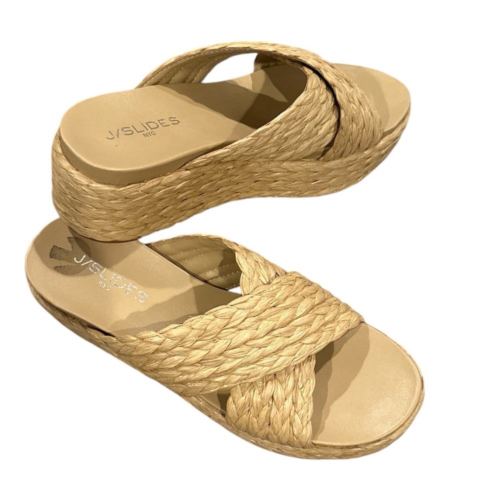 J/SLIDES Women's Beige Braided Raffia Platform Round Toe Sandals 8.5
